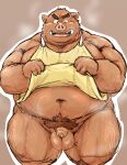  anthro apron armpit_hair belly big_belly blush bodily_fluids body_hair clothing edit hi_res kotobuki male mammal overweight overweight_anthro overweight_male simple_background solo suid suina sus_(pig) sweat uncensored wild_boar 