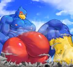  2021 absurd_res aircraft airplane anthro avian balls_outline bird blue_body bulge city clothing cloud debris destruction falco_lombardi genital_outline hi_res macro male mayar muscular muscular_anthro muscular_male nintendo open_mouth red_clothing sitting sky speedo star_fox swimwear vein veiny_muscles video_games 