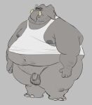  2021 anthro balls belly clothing elephant elephantid flaccid genitals grey_background grey_body humanoid_genitalia humanoid_hands humanoid_penis male mammal moobs navel nipples obese obese_male osos overweight overweight_male penis proboscidean shirt simple_background solo topwear 