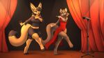  16:9 black_hair blue_eyes bottomwear canid canine clothed clothing dancing digital_media_(artwork) dress duo eyes_closed female fenavi_montaro fennec feretta fox fur grey_body grey_fur hair hi_res mammal microphone microphone_stand red_fox shaded silver_fox skirt stage stage_curtains vix_(feretta) widescreen yellow_body yellow_fur 