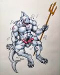  2_penises anthro balls bubble erection fish genitals hi_res madboart male marine melee_weapon multi_genitalia multi_penis muscular penis polearm shark solo trident underwater water weapon 