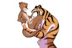  absurd_res anthro anthro_on_anthro black_stripes brown_body brown_fur duo felid fingers fur green_eyes hi_res lutrine mammal mustelid orange_body orange_fur pantherine simple_background striped_body striped_fur stripes tiger tsampikos white_background 