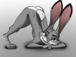  anthro ass_up butt disney female fur grey_body grey_fur hi_res jack-o&#039;_pose judy_hopps lagomorph leporid link6432 mammal pose rabbit simple_background smile solo zootopia 