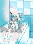  anthro bath blep bubble_bath canid canine canis cuddling dante_kinkade duo eyes_closed hi_res hug invalid_tag lagomorph leporid male male/male mammal rabbit sting_12 tongue tongue_out wolf zack_(thezackrabbit) 