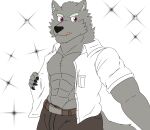  anthro biceps bottomwear canid canine canis clothed clothing digital_drawing_(artwork) digital_media_(artwork) fafnir_stardust_(artist) fur grey_body grey_fur hi_res housamo looking_at_viewer male mammal muscular muscular_anthro muscular_male open_clothing open_shirt open_topwear pants pecs pink_eyes shirt simple_background smile solo tokyo_afterschool_summoners tongue tongue_out topwear video_games wolf 