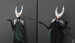  anthro armor arthropod black_body black_nipples black_skin breasts clothing coat crossgender female gender_transformation genitals hi_res hollow_knight hollow_knight_(character) insect male motley_ad mtf_transformation nipples nude solo team_cherry topwear transformation video_games white_face 