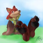  1:1 3_toes anthro barefoot benj24 black_pawpads bottomwear canid canine claws clothing disney feet field foot_focus fox grass hands_behind_head looking_at_viewer male mammal nick_wilde pants pawpads paws plant reclining shirt soles solo toe_claws toe_curl toe_wiggle toes topwear zootopia 