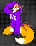  2020 ambiguous_gender anthro bottomless canid canine clothed clothing cute_fangs digital_media_(artwork) english_text falvie fox hoodie hoodie_only kneeling mammal pupils simple_background slit_pupils solo text the_fox_(falvie) topwear topwear_only 
