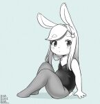  2019 848siba accessory anthro black_leotard blush bunny_costume clothing costume digital_media_(artwork) female hair hair_accessory hairclip hi_res lagomorph leporid mammal rabbit shaded simple_background sitting solo white_background 