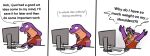  2021 anthro bodily_fluids clothed clothing cobra comic computer computer_mouse crying desk dialogue english_text female furniture hi_res humor keeshee keyboard_(computer) ncs open_mouth procrastination reptile sad scalie simple_background snake solo tears text the_truth white_background yelling 