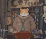  2021 anthro biped book clothing detailed_background domestic_cat eyes_closed felid feline felis fur hi_res kemono mammal morningbread16 multicolored_body multicolored_fur robe solo two_tone_body two_tone_fur weapon 