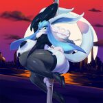  1:1 anthro areola big_breasts big_butt blue_body breasts butt clothing dancing eeveelution female glaceon hi_res high_heels hurikata legwear nintendo pasties pok&eacute;mon pok&eacute;mon_(species) pole pole_dancing solo thigh_highs video_games 