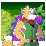  1:1 anthro biped border bottomwear brown_body brown_fur canid canine clothed clothing fizzyjay flower fox fox_mccloud fur green_bottomwear green_clothing green_eyes green_pants green_topwear green_vest hands_on_hips hi_res looking_aside male mammal neckerchief nintendo outline pants plant solo star_fox topwear video_games white_border white_outline 