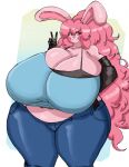  absurd_res anthro big_breasts bra breasts cleavage clothed clothing female geebie33 gesture hair hi_res huge_breasts hyper hyper_breasts lagomorph leporid mammal pink_body pink_hair rabbit solo thick_thighs underwear v_sign 