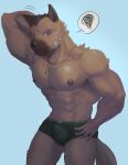  abs absurd_res anthro areola balls_outline bandage biped blue_background blush bodily_fluids brown_body brown_fur bulge canid canine canis clothed clothing detailed_bulge dog_tags domestic_dog fur genital_outline german_shepherd green_clothing green_underwear hand_behind_head hand_on_hip herding_dog hi_res jewelry male mammal muscular muscular_anthro muscular_male necklace nipples omyurice one_eye_closed pastoral_dog pecs penis_outline pictographics simple_background solo sweat sweatdrop topless underwear 