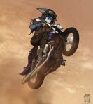  anthro armor canid canine chromatic_aberration clothing cloudy dirt eyewear female foot_wraps goggles goggles_on_head harley_davidson headgear helmet hi_res jacket jumping mammal motion_blur motorcycle orang111 sandstorm solo topwear vehicle wraps 