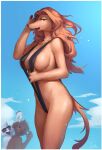  2021 absurd_res anthro being_watched bikini biped breasts brown_body brown_fur canid canine clothed clothing cloud duo female fur group hair hi_res iuth long_hair looking_at_another mammal open_mouth outside side_boob sky sling_bikini solo_focus swimwear tongue tongue_out 