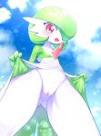  belly blue_sky blush bodily_fluids butt_from_the_front censored clothed clothing clothing_lift cloud dress dress_lift exposed_crotch female flat_chested gardevoir genitals green_hair hair humanoid low-angle_view mizo_ne mosaic_censorship navel nintendo not_furry perineum pink_eyes pok&eacute;mon pok&eacute;mon_(species) pseudo_clothing pseudo_clothing_lift pussy sky solo sweat thick_thighs video_games white_body white_skin wide_hips 
