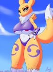  anthro areola areola_slip bandai_namco breasts clothing digimon digimon_(species) female fur hi_res hiddenmask18 raised_tail renamon solo thick_thighs tuft under_boob yellow_body yellow_fur 