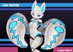  2021 2_tails anthro blue_eyes blue_nose breasts canid canine featureless_breasts female fox glistening glistening_body hair hi_res looking_at_viewer machine mammal multi_tail navel robot simple_background smile solo tetetor-oort white_hair 