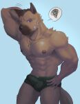  abs absurd_res anthro areola balls_outline bandage biped blue_background blush bodily_fluids brown_body brown_fur bulge canid canine canis clothed clothing detailed_bulge dog_tags domestic_dog erection erection_under_clothing fur genital_outline german_shepherd green_clothing green_underwear hand_behind_head hand_on_hip herding_dog hi_res jewelry male mammal muscular muscular_anthro muscular_male necklace nipples omyurice pastoral_dog pecs penis_outline pictographics simple_background solo sweat sweatdrop topless underwear 