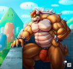  anthro balls_outline biped blue_sky bowser bracelet brick_wall bulge claws clothed clothing cloud eyebrows finger_claws genital_outline hair hi_res hill horn jewelry koopa male manly mario_bros musclegut muscular muscular_anthro muscular_male nexus nintendo open_mouth outside patreon patreon_logo pecs penis_outline red_clothing red_hair red_underwear scales scalie sharp_teeth shell sky solo spiked_bracelet spiked_shell spikes spikes_(anatomy) teeth topless underwear video_games wall_(structure) watermark yellow_body yellow_scales 