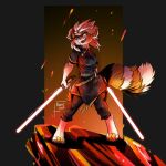  1:1 2021 ailurid animal_tail anthro clothed clothing confident digital_drawing_(artwork) digital_media_(artwork) feet female fur golden_panda kiaun lightsaber mammal melee_weapon monochrome orange_and_white red_panda robe science_fiction shaded sith_lord solo star_wars weapon wind windy_(shadowcatcher) 