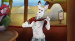  abs anthro band-aid_on_face bar beach blue_eyes clothed clothing clothing_lift digital_drawing_(artwork) digital_media_(artwork) duo felid focused francis_(gearfox98) fur gearfox98 hare hi_res jonathan(gearfox98) lagomorph leporid lion male mammal one_eye_closed pantherine pecs pose rock sand sea seaside shirt shirt_lift smile speedpaint topwear water white_body white_fur wink 