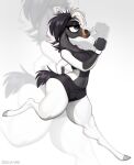  2021 anthro black_body black_fur black_hair bodily_fluids bra breasts clothed clothing digital_media_(artwork) equid eyebrows eyelashes female fingers fur hair hooves mammal multicolored_hair running side_view signature simple_background solo sports_bra sweat two_tone_hair underwear white_background white_body white_fur zazush-una 