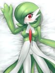  2010 3:4 3_fingers bed blush blush_lines breasts female fingers furniture gardevoir green_hair hair humanoid looking_at_viewer lying lying_on_bed nintendo nme not_furry on_back on_bed open_mouth pok&eacute;mon pok&eacute;mon_(species) red_eyes solo tongue video_games 