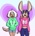  2021 absurd_res acerola_(kemari) anthro bottomwear brown_body brown_fur buckteeth canid canine canis clothing domestic_dog duo ear_piercing eyebrow_through_hair eyebrows fangs female fur green_eyes hair hands_in_pockets heart_background hi_res hoodie lagomorph leporid lime_(kemari) looking_at_another mammal midriff multicolored_body multicolored_fur multicolored_hair one_eye_closed open_mouth open_smile piercing pockets purple_eyes rabbit shorts simple_background smile tan_body tan_fur teeth topwear translucent translucent_hair two_tone_body two_tone_fur two_tone_hair yonabearcwy 
