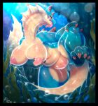  4_toes absurd_res anthro aquatic_dragon big_breasts black_border blue_body blue_scales blush border breasts bubble capcom claws dragon feet female genitals hi_res holding_breast horn lagiacrus leviathan_(mh) long_tongue looking_at_viewer marine monster_hunter nipples non-mammal_breasts nude pink_nipples plump_labia pussy scales scalie solo spread_legs spreading thescarletdragon1 thick_thighs toe_claws toes tongue tongue_out underwater video_games water 