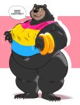  absurd_res anthro belly black_body black_fur blush bottomless bracelet clothed clothing dialogue english_text fan_character fur gold_(metal) gold_jewelry green_eyes hadou hi_res jewelry lgbt_history_month lgbt_pride male mammal overweight overweight_anthro overweight_male pansexual_pride_colors pride_color_clothing pride_color_topwear pride_colors satsui-n0-had0u shirt solo speech_bubble standing tank_top text thick_thighs topwear ursid 
