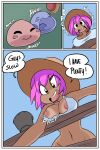  2:3 absurd_res ambiguous_gender blue_body breasts bucket clothing comic container english_text female goo_creature group hair hi_res human human_focus mammal midriff navel nipples not_furry pedverse pink_body pink_hair text torn_clothing wardrobe_malfunction 