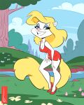  2019 4:5 4_fingers animaniacs anthro big_tail birchly blonde_hair blonde_tail blue_eyeshadow breasts cleavage clothed clothing cloud collarbone detailed_background dress eyelashes eyeshadow female fingers flower footwear full-length_portrait fur grass hair hand_on_leg hand_on_thigh high_heels leaning leaning_forward looking_at_viewer makeup mammal minerva_mink mink mustelid musteline outside pink_nose plant portrait red_clothing red_dress red_footwear red_shoes shoes sky smile solo standing tree true_musteline warner_brothers water white_body white_fur yellow_tail 