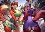  2021 anthro bottomwear braided_hair breasts brown_hair canid canine clothed clothing day detailed_background digital_media_(artwork) duo female fox hair kuroame mammal midriff outside skirt sky smile spefides white_hair 