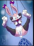  2021 absurd_res babs_bunny bdsm bdsm_gear bondage bound digital_media_(artwork) female harness hi_res lagomorph leather leporid lube mammal nipple_piercing nipple_ring nipples piercing rabbit restraints solo tiny_toon_adventures warner_brothers xoti_(artist) 