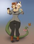  2021 3_heads anthro barefoot beverage bottomwear bovid brown_body brown_fur brown_hair caprine chimera clothing drinking european_mythology feet felid female fur goat greek_mythology green_body green_scales hair halcy0n hi_res holding_beverage holding_object holding_phone hooves lion living_tail mammal multi_head mythological_chimera mythology pantherine pants phone reptile scales scalie shirt simple_background smile snake snake_tail solo standing tongue tongue_out topwear white_hair 