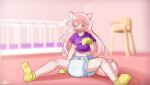  animal_humanoid blush booties canid canine canis clothed clothing crib diaper female hair hi_res high_chair humanoid infantilism mammal pacifier pacifier_gag partially_clothed pink_background pink_hair ranka_ookami simple_background sketchmandl solo spread_legs spreading wolf yellow_eyes 