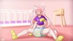  animal_humanoid blush bodily_fluids booties canid canid_humanoid canine canine_humanoid canis clothed clothing crib diaper female genital_fluids hair hi_res high_chair humanoid infantilism mammal mammal_humanoid partially_clothed pink_background pink_hair ranka_ookami simple_background sketchmandl solo spread_legs spreading urine wet_diaper wetting wolf_humanoid yellow_eyes 