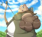  2021 anthro belly big_belly bow_(weapon) brown_body brown_fur fur hi_res inigo_(kusosensei) kemono kusosensei male mammal obese obese_male outside overweight overweight_male ranged_weapon solo ursid weapon 