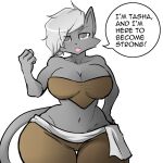  1:1 anthro breasts cleavage clothed clothing dialogue domestic_cat english_text felid feline felis female hayakain mammal solo text 