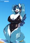  absurd_res anthro big_breasts blue_body blue_fur blue_hair breasts bulging_breasts camel_toe canid canine cleavage cleavage_overflow clothed clothing curvy_figure eyes_closed female fox fur hair hi_res huge_breasts krystal looking_at_viewer mammal nintendo one-piece_swimsuit open_mouth solo star_fox swimwear the_dogsmith thick_thighs video_games voluptuous white_body white_fur wide_hips 