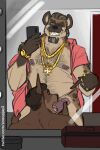  anthro body_hair bottomless brown_body brown_fur canid canine canis chest_hair clock clothed clothing desmond_sutherland dobermann domestic_dog duo erection facial_hair fur genitals goatee gold_(metal) gold_jewelry gold_tooth hair hi_res hyaenid jewelry licking male male/male mammal mature_anthro mature_male mirror mirror_selfie necklace nipples one_eye_closed open_clothing open_topwear oral overweight penile penis penis_lick phone pinscher pubes ring selfie sex slightly_chubby snoopjay2 spotted_hyena tongue tongue_out topwear watch wink wristwatch 
