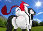  2019 absurd_res anthro anus bedroom_eyes big_butt bigboy4025_(artist) black_legs black_mane black_nose black_tail black_text blue_eyes blush butt butt_blush butt_smack cloud duo english_text equid equine eyeshadow female female/female feral grass hair hi_res horse licking licking_lips lips lipstick luna_mystique makeup mammal mane mountain narrowed_eyes plant red_hair red_tail riding roxanne_bubbles seductive sergal sun tail_tuft text tongue tongue_out tree tuft white_body 