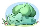  2017 ambiguous_gender animated bulbasaur cute_face elemental_creature feral flora_fauna grass green_body lying nintendo no_sound on_front outside plant pok&eacute;mon pok&eacute;mon_(species) salkitten short_playtime simple_background sleeping solo sploot video_games white_background wind 