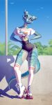  absurd_res anthro blue_body blue_scales bottomwear clothing dragon friendship_is_magic hands_on_hips hasbro hi_res holivi horn hotpants inline_skates knee_highs legwear long_socks my_little_pony pose pupils purple_eyes rainbow_dash_(mlp) scales shirt shorts slit_pupils solo standing t-shirt topwear 