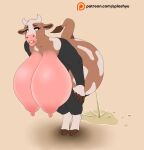  2020 absurd_res anthro bbd bent_over big_breasts big_butt bodily_fluids bovid bovine breasts brown_body brown_fur butt cattle clothed clothing cloven_hooves digital_media_(artwork) eye_roll female fur genital_fluids green_eyes hanging_breasts hi_res hooves horn huge_breasts lips mammal nipples pants_down partially_clothed peeing pink_body pink_skin raised_tail shaded simple_background solo spots spotted_body spotted_fur text thick_lips urine urine_stream url white_body white_fur 