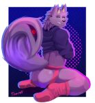  absurd_res anthro bathym butt canid canid_demon canine canis clothing demon footwear fur grin hair hi_res hoodie horn jockstrap living_tail looking_back male mammal mane mane_hair purple_body purple_fur smile socks solo therot0 tokyo_afterschool_summoners topwear underwear video_games wolf 