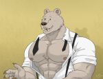  2021 abs absurd_res anthro beastars biceps brown_body brown_nose claws clothed clothing hi_res jabuhusky male mammal muscular muscular_anthro muscular_male necktie open_clothing open_shirt open_topwear pecs riz_(beastars) shadow shirt simple_background smile solo teeth topwear ursid 